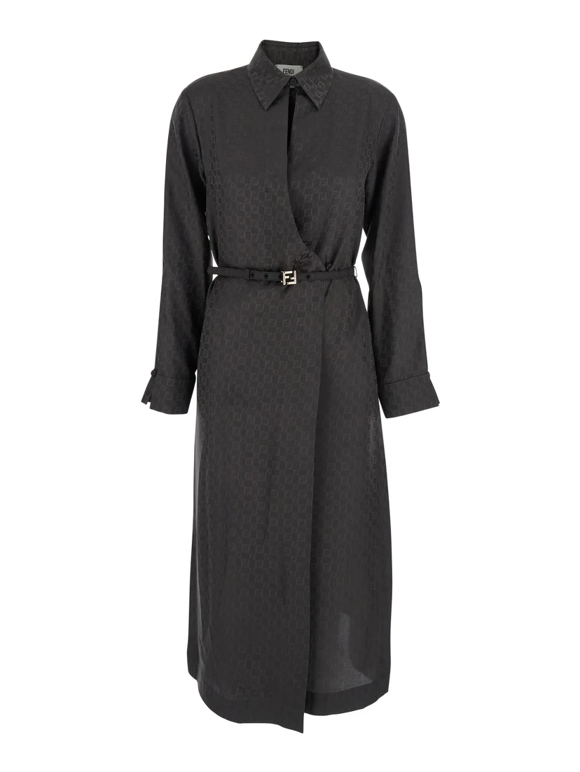 Brown Dress with All-Over FF Motif and Belt with Plaque at the Waist in Silk Woman