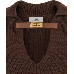 Brown Sweater with Polo Shirt Style Collar and Buckle Detail on the Front in Wool Blend Woman