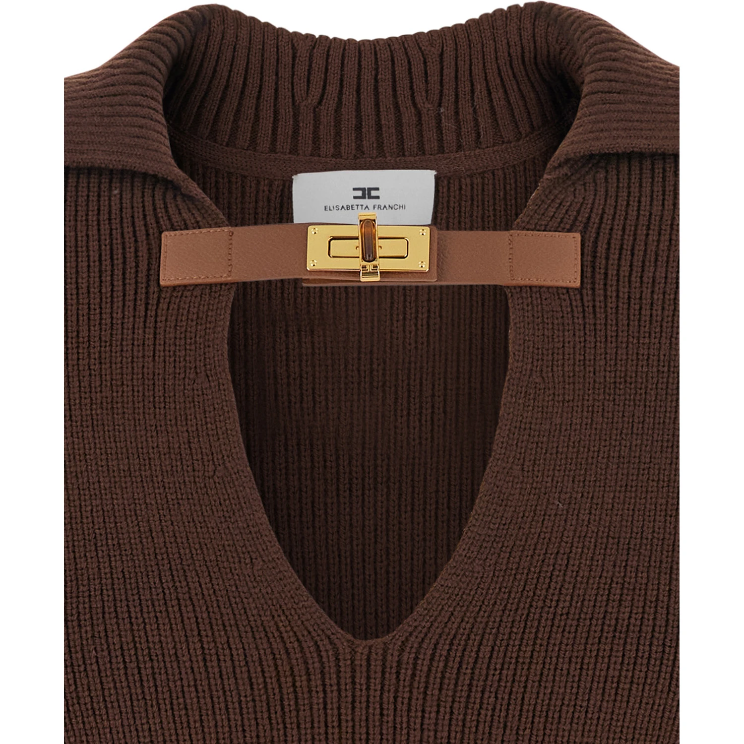 Brown Sweater with Polo Shirt Style Collar and Buckle Detail on the Front in Wool Blend Woman