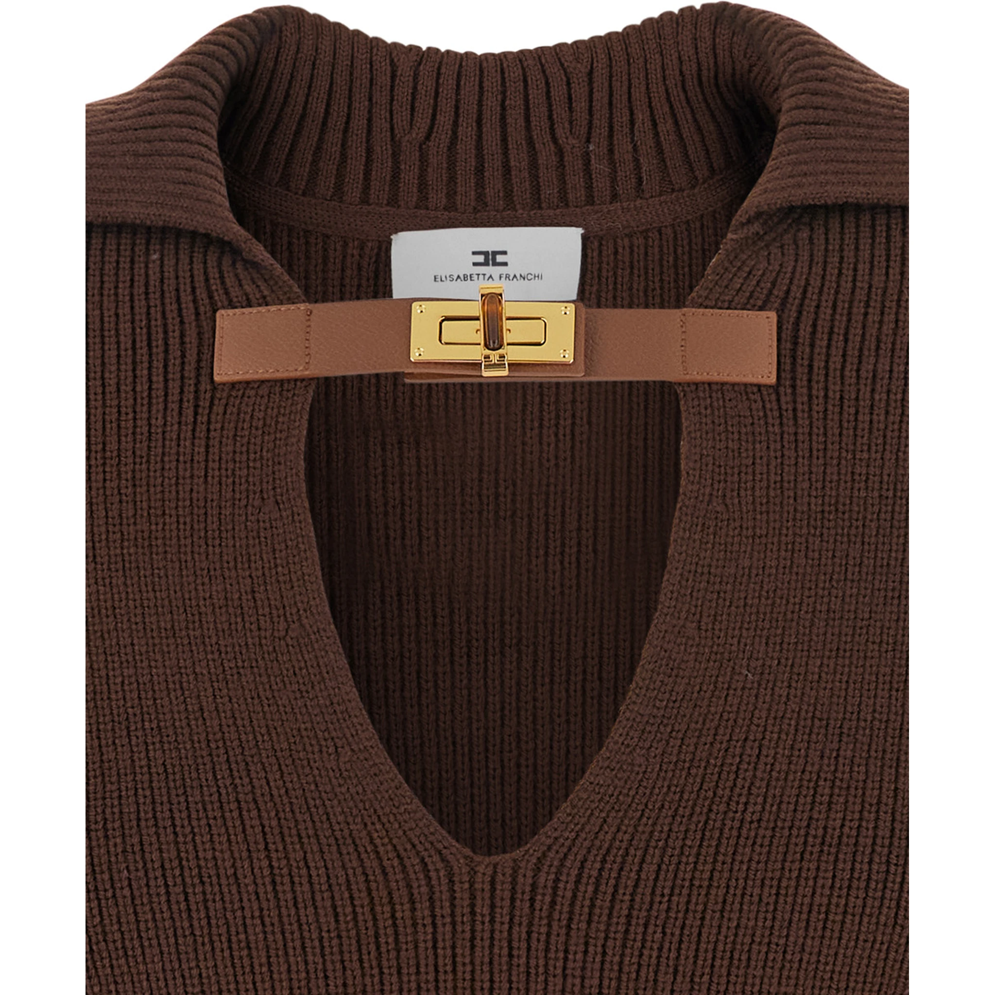 Brown Sweater with Polo Shirt Style Collar and Buckle Detail on the Front in Wool Blend Woman