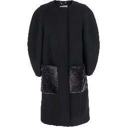 Black Crewneck Coat with Puffed Sleeves and Two Front Shearling Pockets in Wool Blend Woman