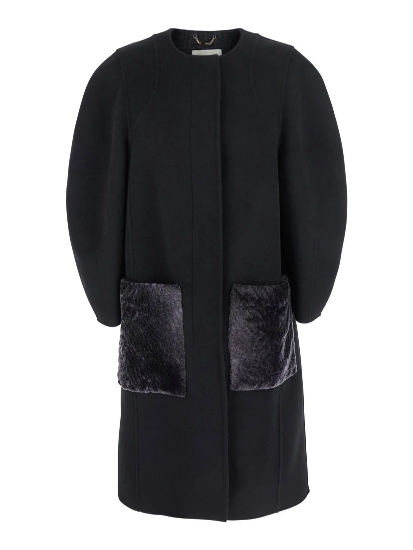 Black Crewneck Coat with Puffed Sleeves and Two Front Shearling Pockets in Wool Blend Woman