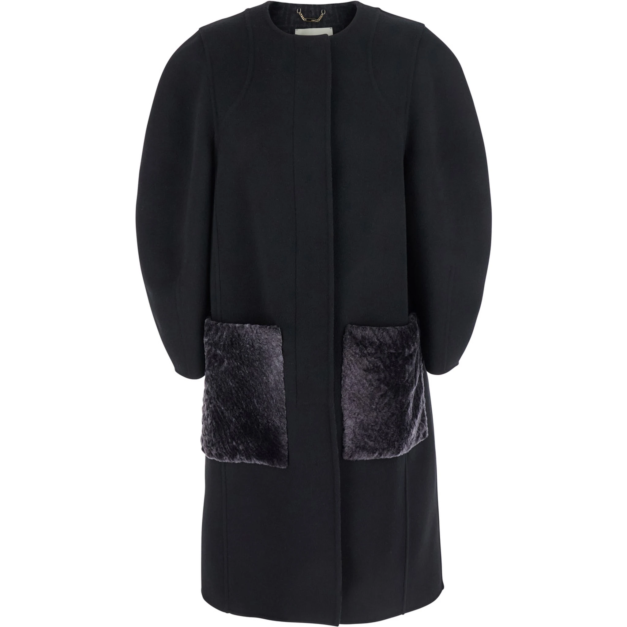 Black Crewneck Coat with Puffed Sleeves and Two Front Shearling Pockets in Wool Blend Woman