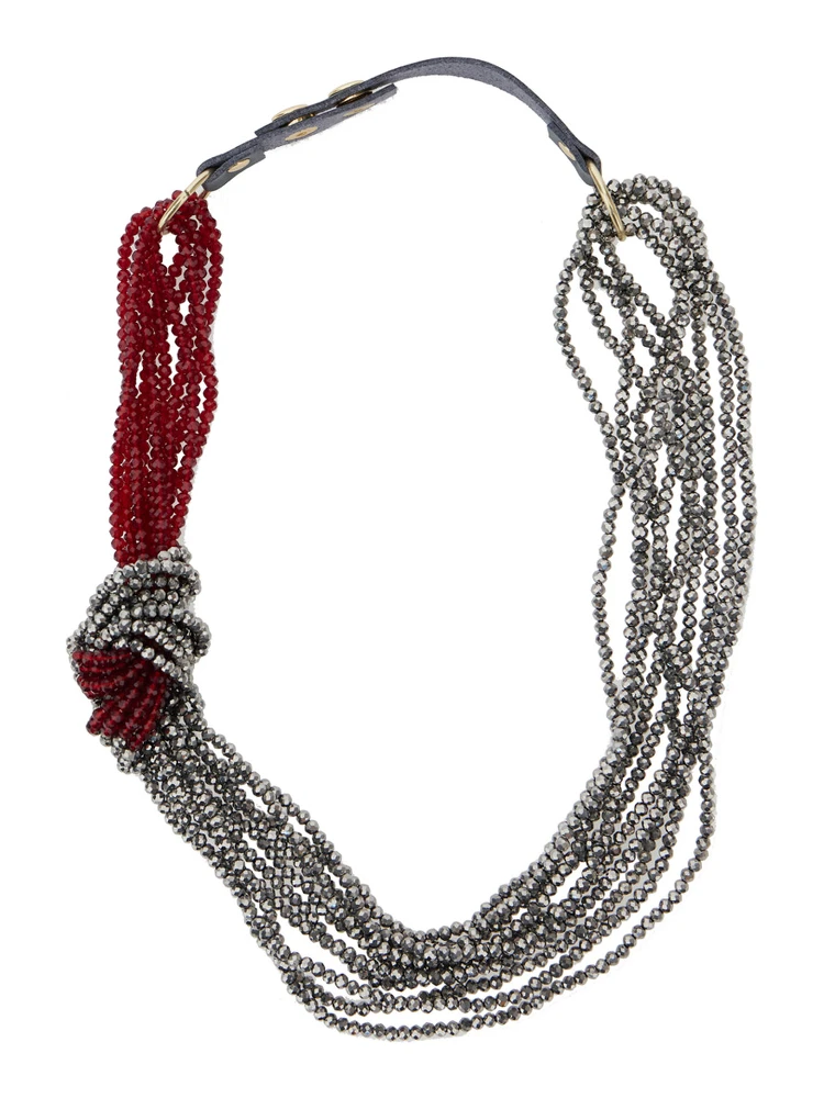 Metallic Necklace with Beaded Design and Strap in Fabric and Beads Woman