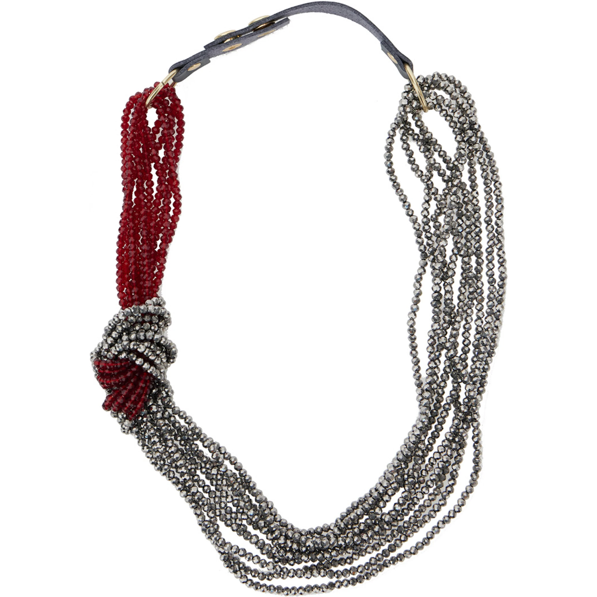 Metallic Necklace with Beaded Design and Strap in Fabric and Beads Woman