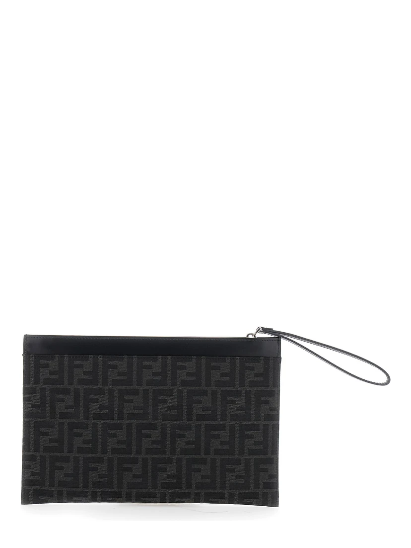 Grey Clutch with All-Over FF Motif in Fabric and Leather Man