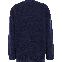 Blue Crewneck Sweater with Asymmetric Hem in Wool and Cashmere Woman