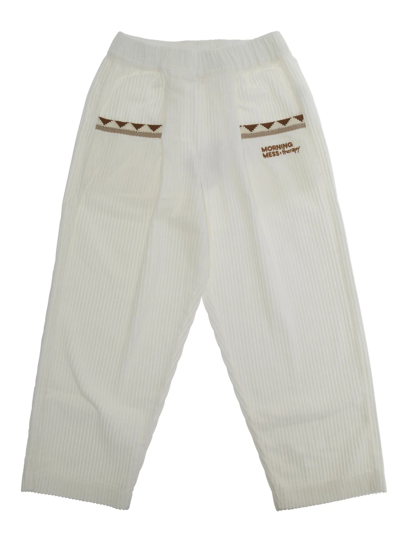 Teresa White Pants with Elastic Waist and Logo Lettering on the Front in Corduroy Girl