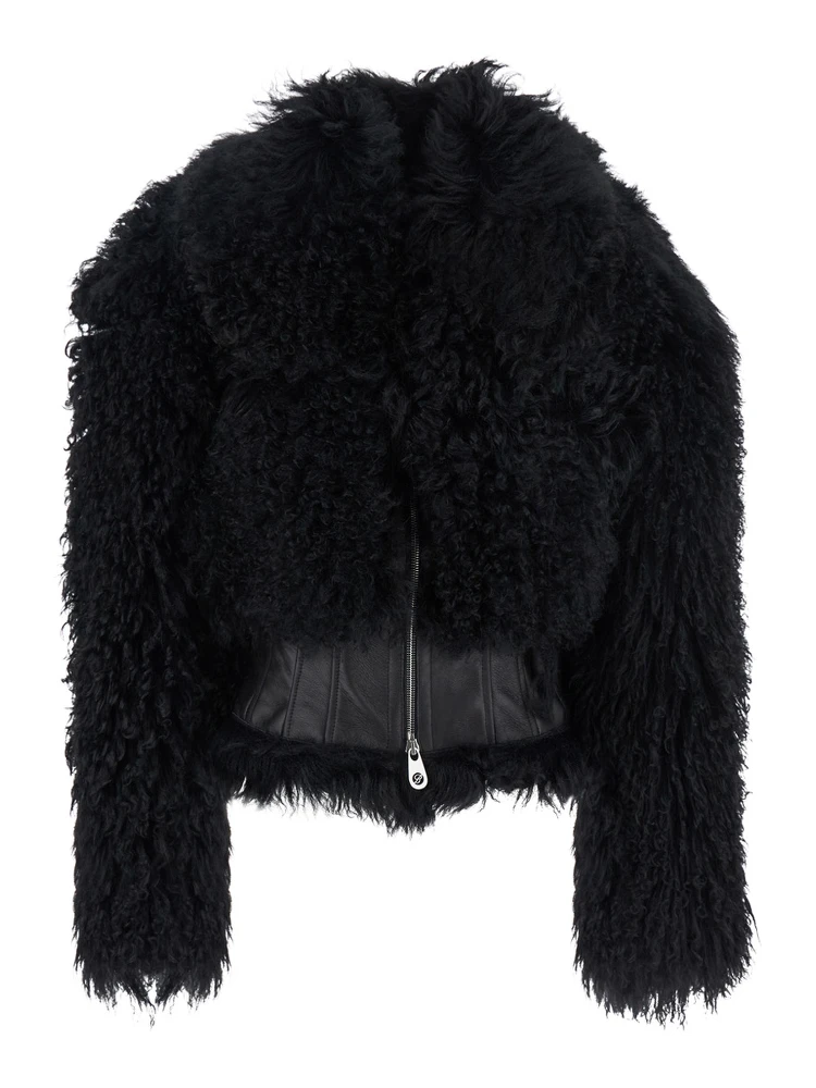 Black Sheepskin Coat with Leather Details in Fur Woman