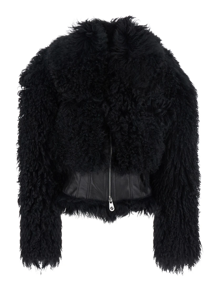 Black Sheepskin Coat with Leather Details in Fur Woman