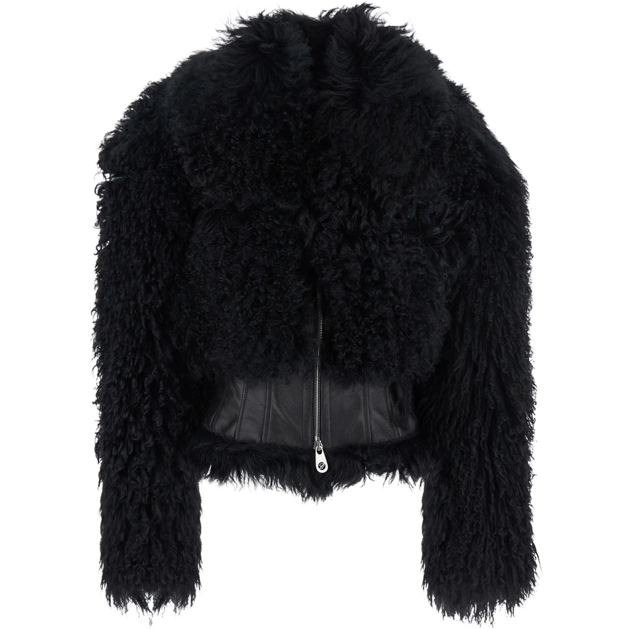 Black Sheepskin Coat with Leather Details in Fur Woman