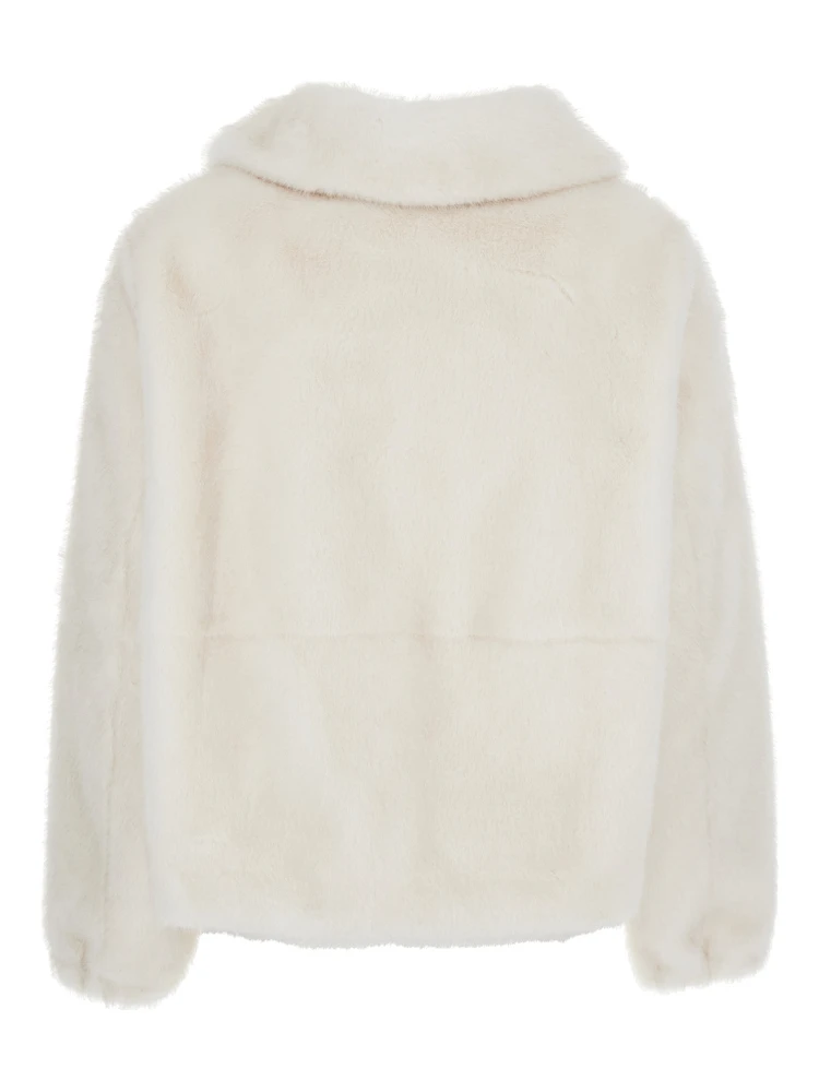Annie White Fur Jacket with Spread Collar and Front Zip Closure in Ecofur Woman alternative