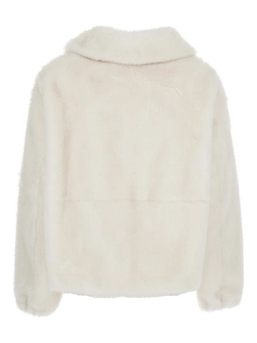 Annie White Fur Jacket with Spread Collar and Front Zip Closure in Ecofur Woman