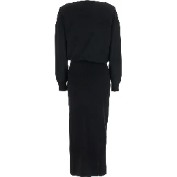Black Round Neck Dress with Draped Waist in Wool Blend Woman