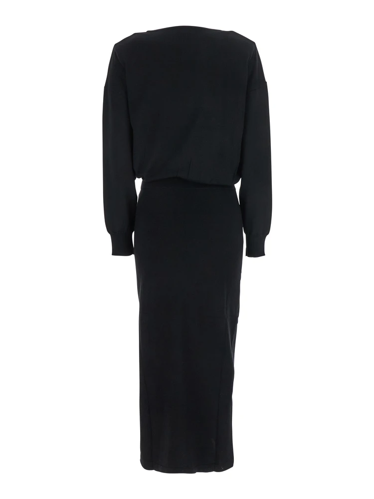 Black Round Neck Dress with Draped Waist in Wool Blend Woman alternative