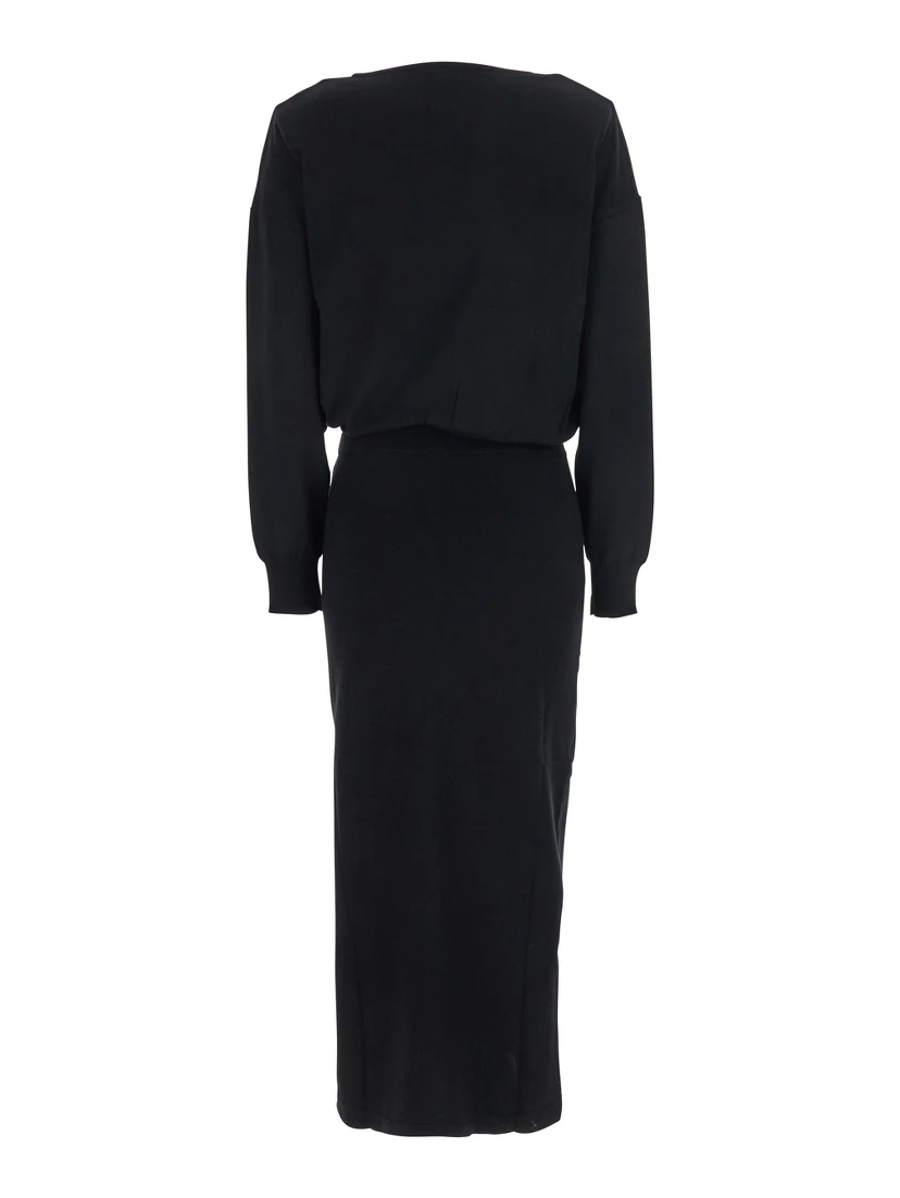 Black Round Neck Dress with Draped Waist in Wool Blend Woman