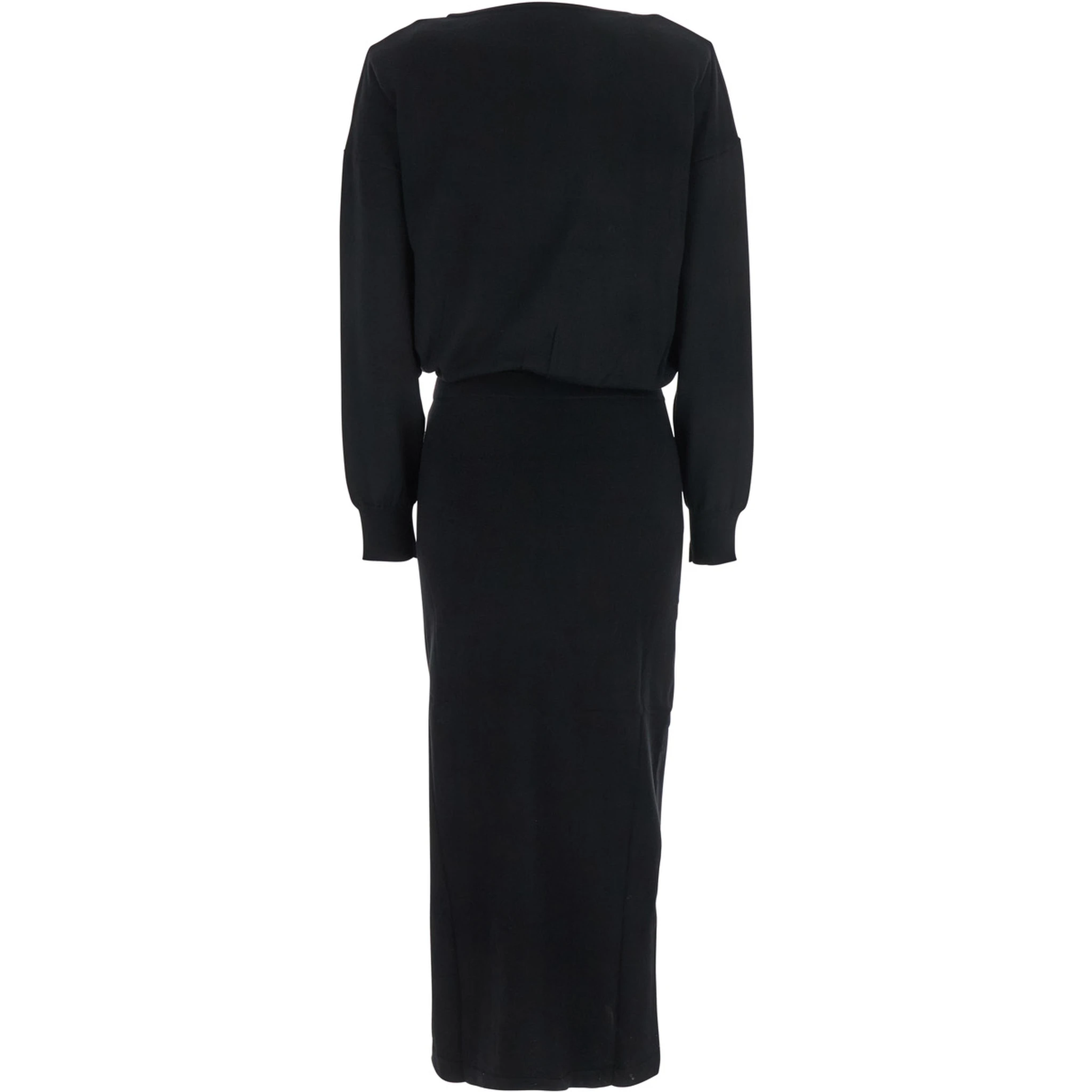 Black Round Neck Dress with Draped Waist in Wool Blend Woman