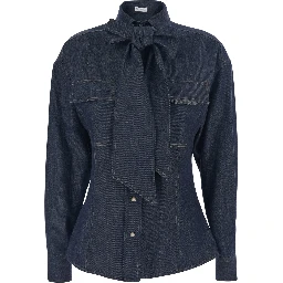 Blue Shirt with Bow Detail and Button Closure in Denim Woman