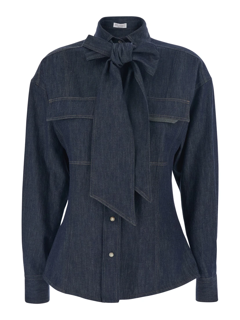 Blue Shirt with Bow Detail and Button Closure in Denim Woman