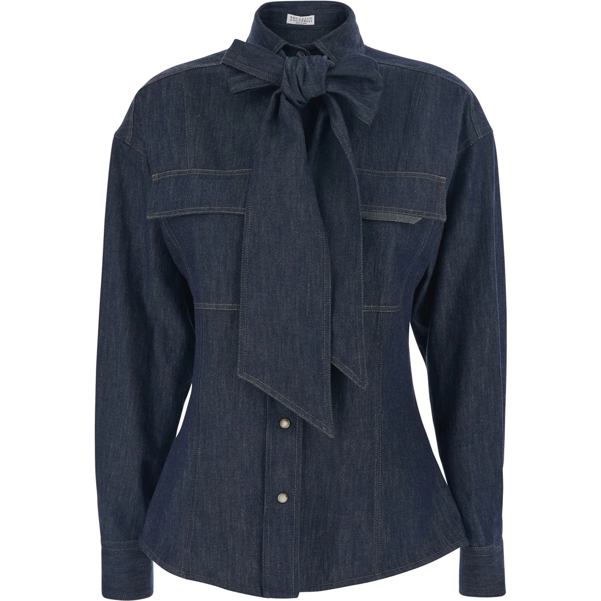 Blue Shirt with Bow Detail and Button Closure in Denim Woman