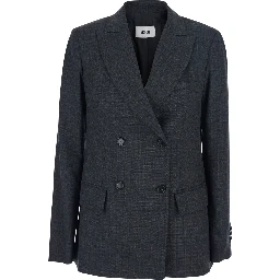 Grey Double-Breasted Jacket with Peak Revers and All-Over Striped Motif in Wool Woman