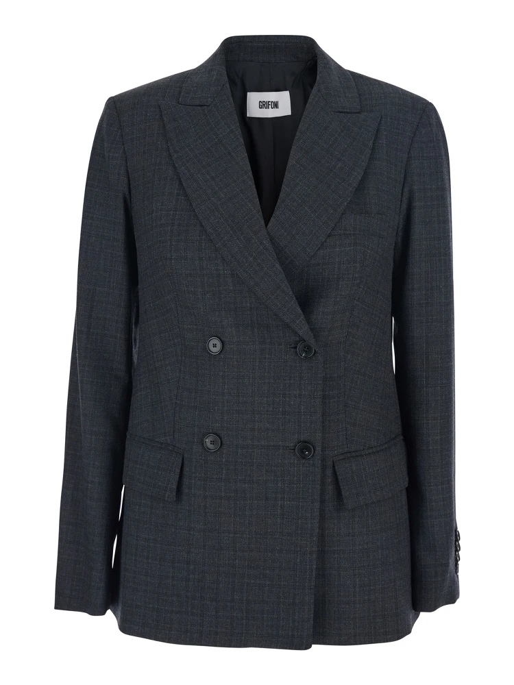 Grey Double-Breasted Jacket with Peak Revers and All-Over Striped Motif in Wool Woman