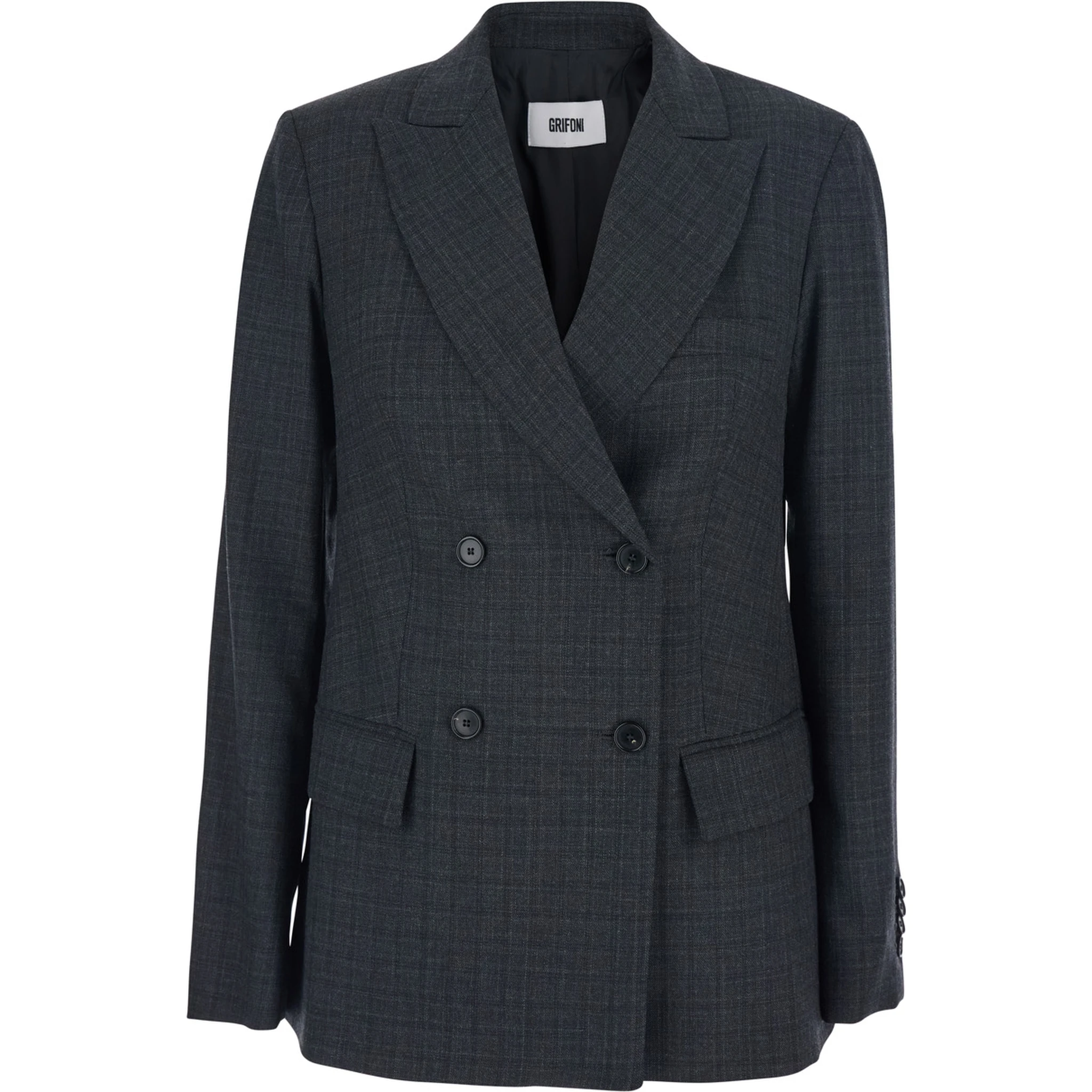 Grey Double-Breasted Jacket with Peak Revers and All-Over Striped Motif in Wool Woman