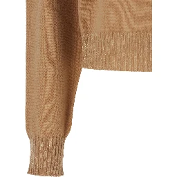 Beige Crew Neck Sweater with Dropped Shoulder and Ribbed Details in Wool Woman