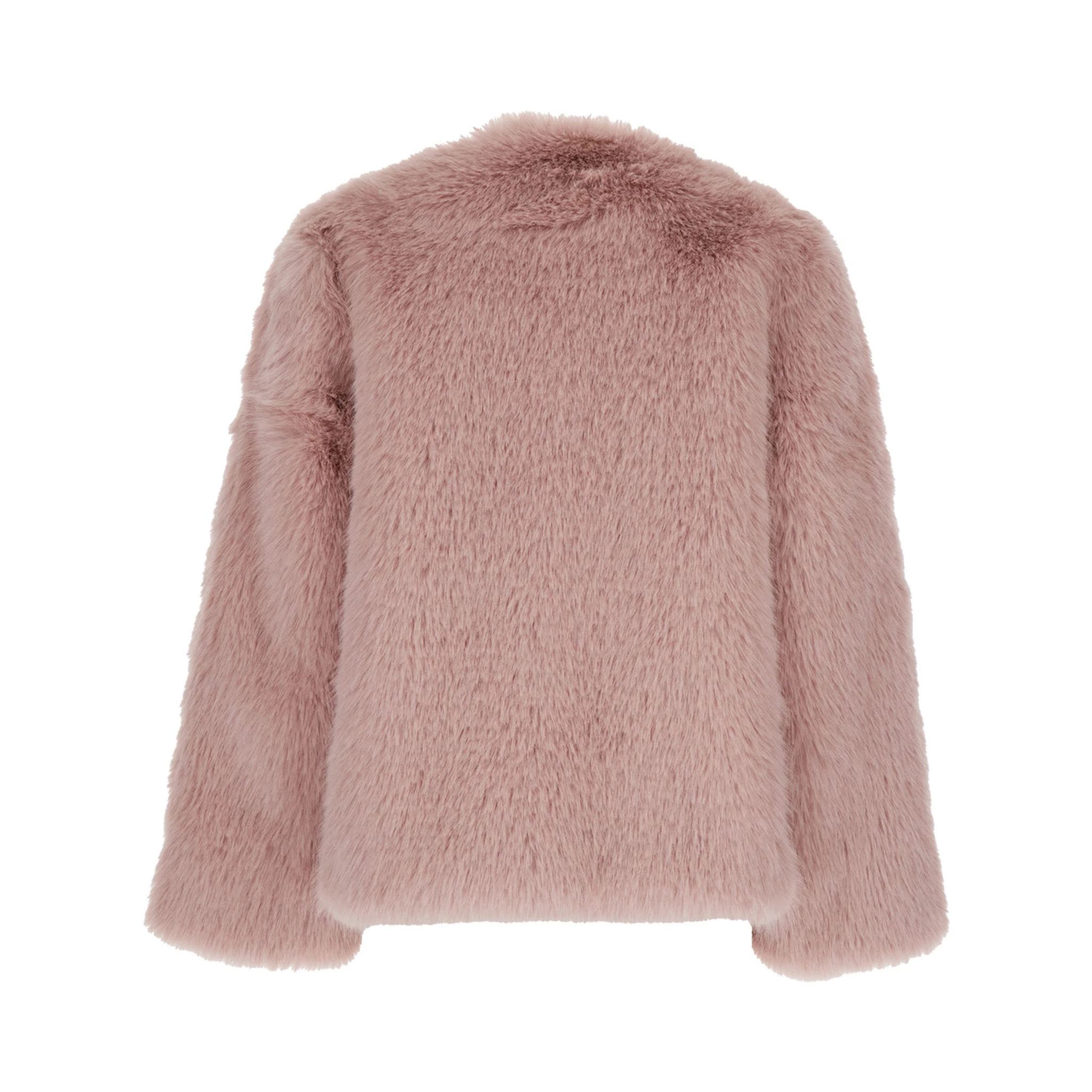 Pink Crewneck Fur Jacket with Concealed Front Closure in Ecofur Woman