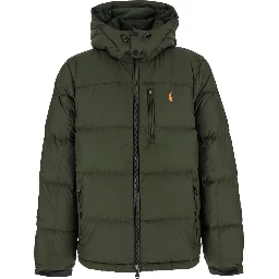 Green Down Jacket with Fixed Hood and Embroidered Pony Logo on Chest in Tech Fabric Man