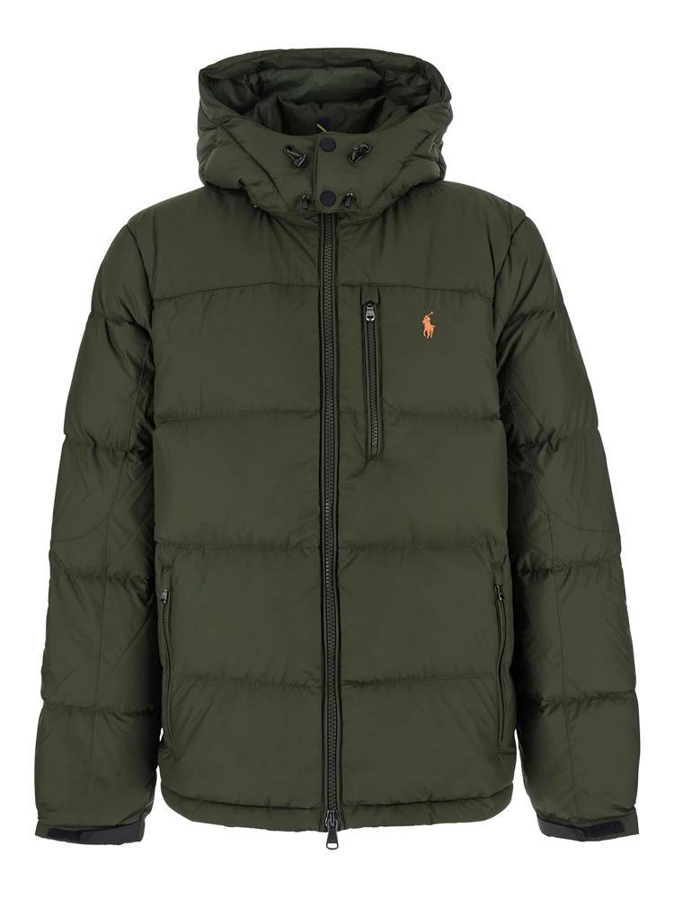 Green Down Jacket with Fixed Hood and Embroidered Pony Logo on Chest in Tech Fabric Man