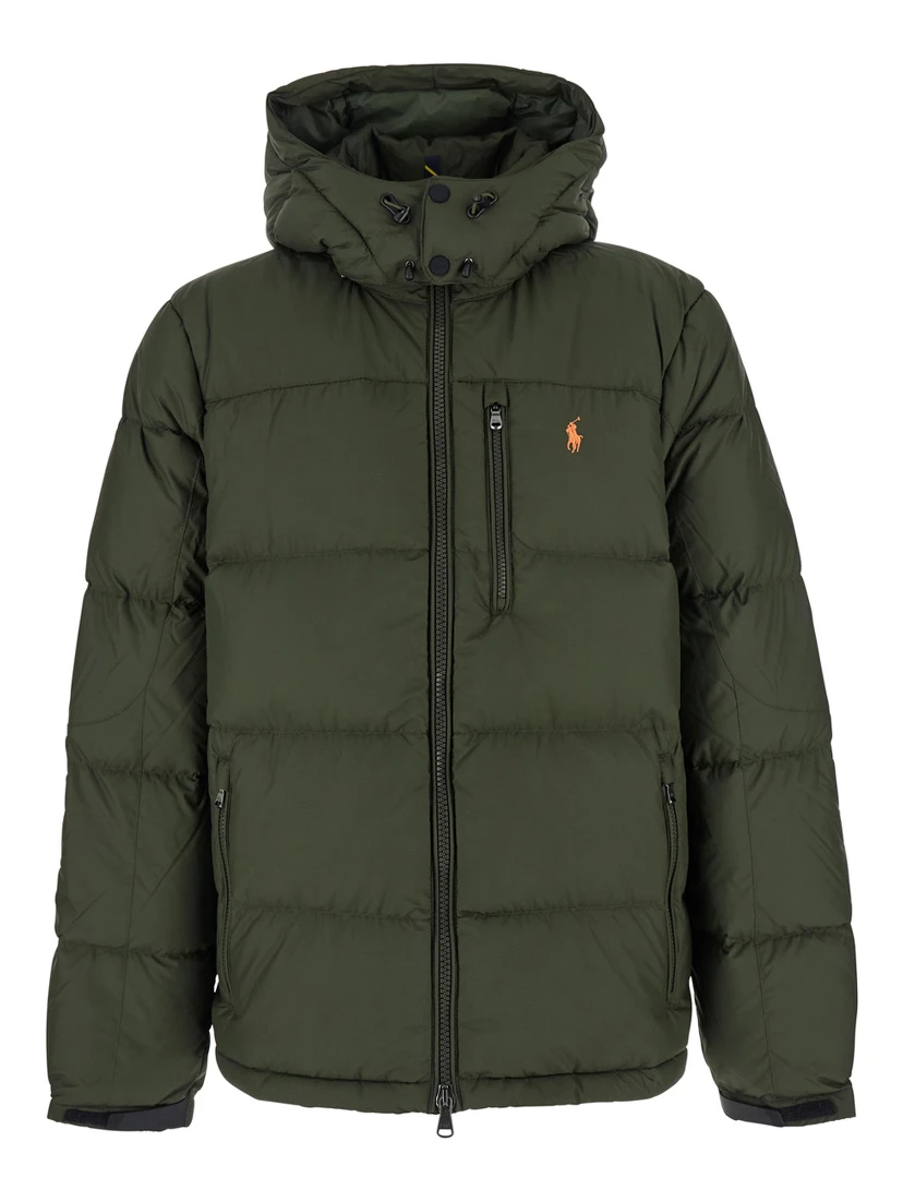Green Down Jacket with Fixed Hood and Embroidered Pony Logo on Chest in Tech Fabric Man
