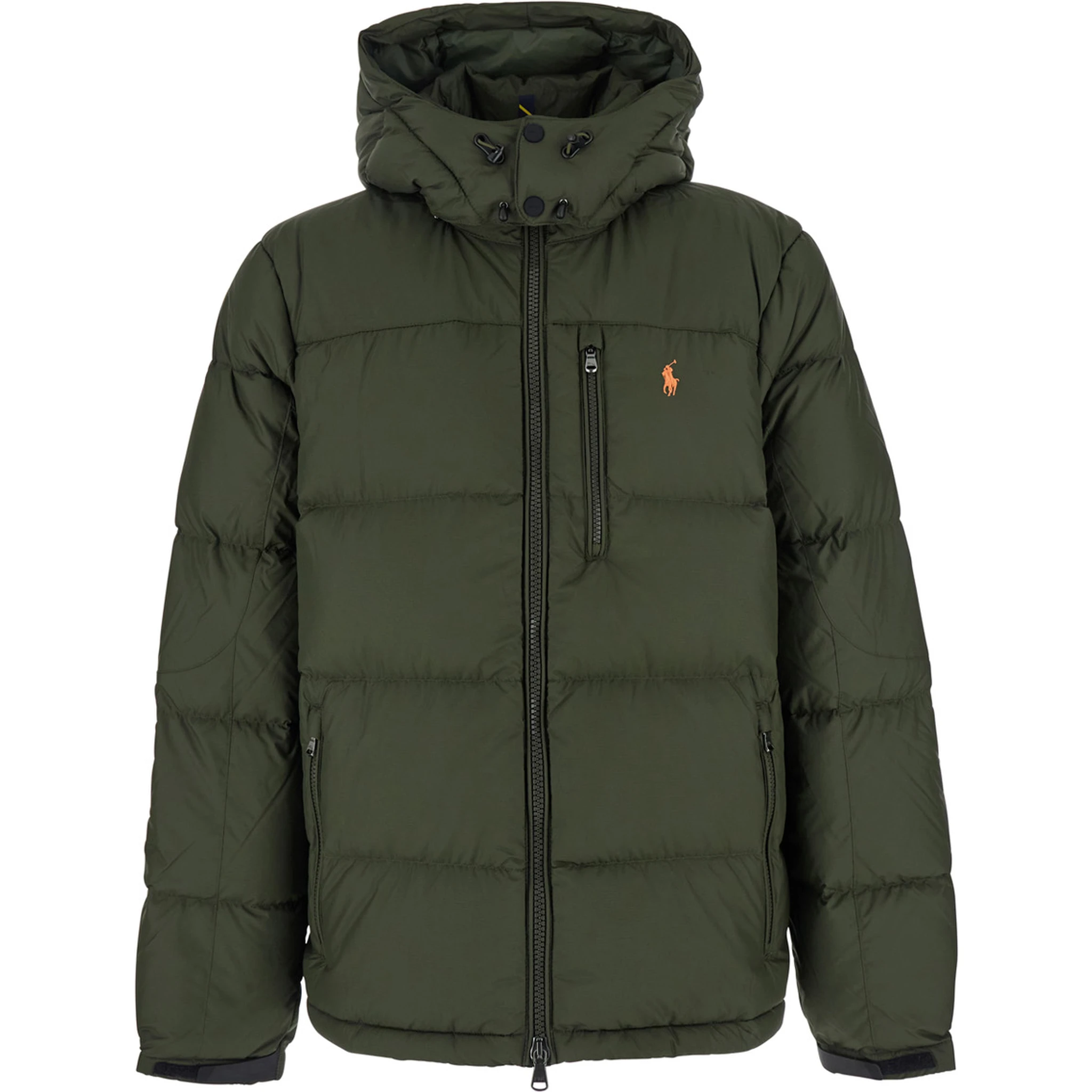 Green Down Jacket with Fixed Hood and Embroidered Pony Logo on Chest in Tech Fabric Man