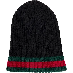 Gucci Mens Black Wool Hat with Web Detail