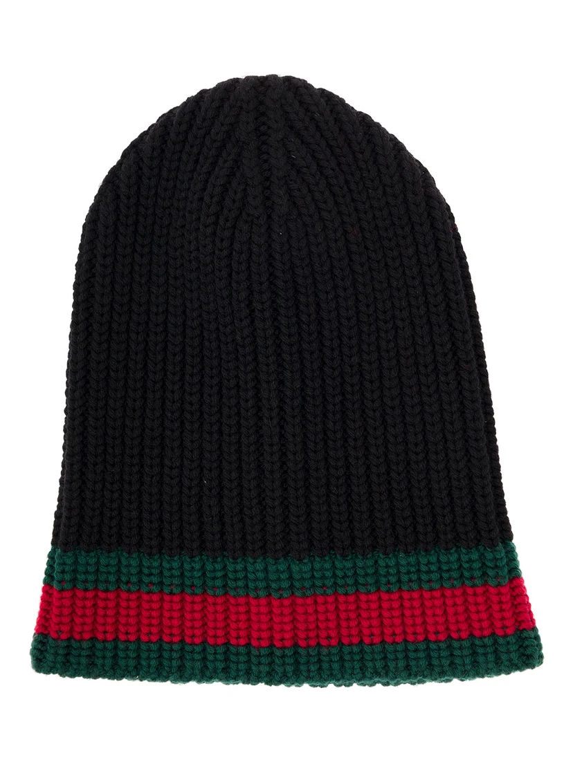 Gucci Mens Black Wool Hat with Web Detail