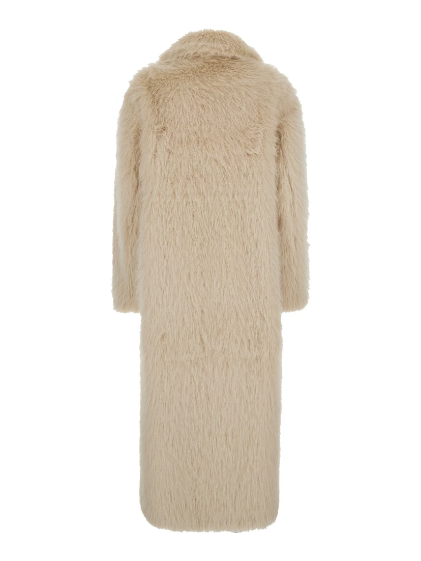 Beige Shearling Coat with Notched Revers and Concealed Front Closure in Ecofur Woman