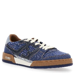 Blue Low Top Sneakers with Logo Patch on the Tongue in FF Canvas and Leather Man
