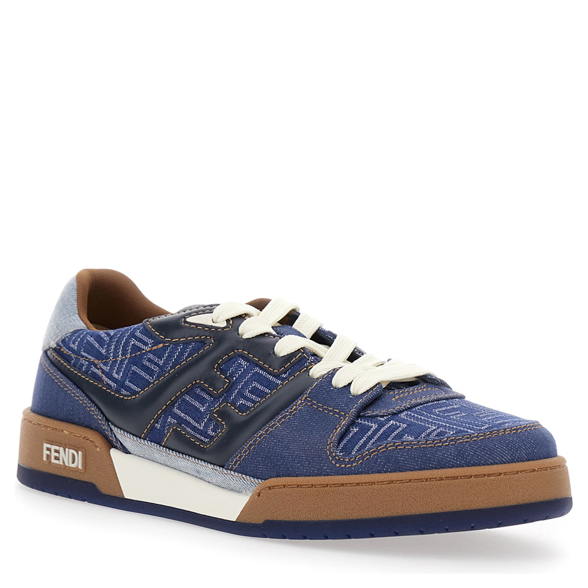 Blue Low Top Sneakers with Logo Patch on the Tongue in FF Canvas and Leather Man