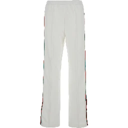 بنطال رياضي أبيض مزين بتطريز شعار وتفاصيل شبكية من البولياميد للنساء