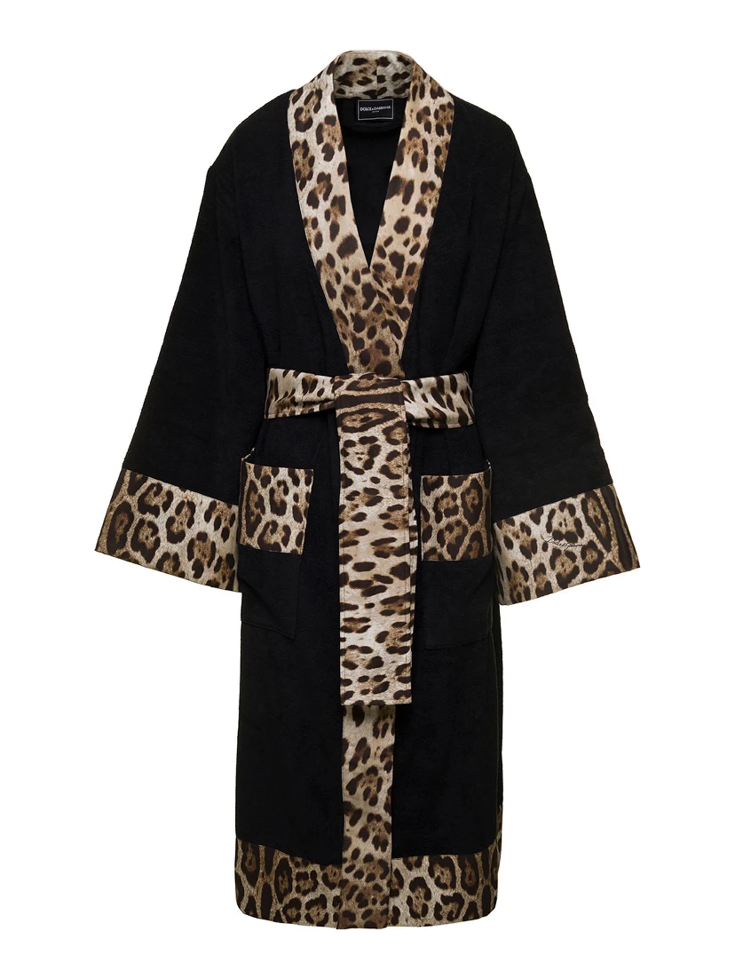 Black Kimono Bathrobe with Leopard Trim in Cotton Dolce & Gabbana
