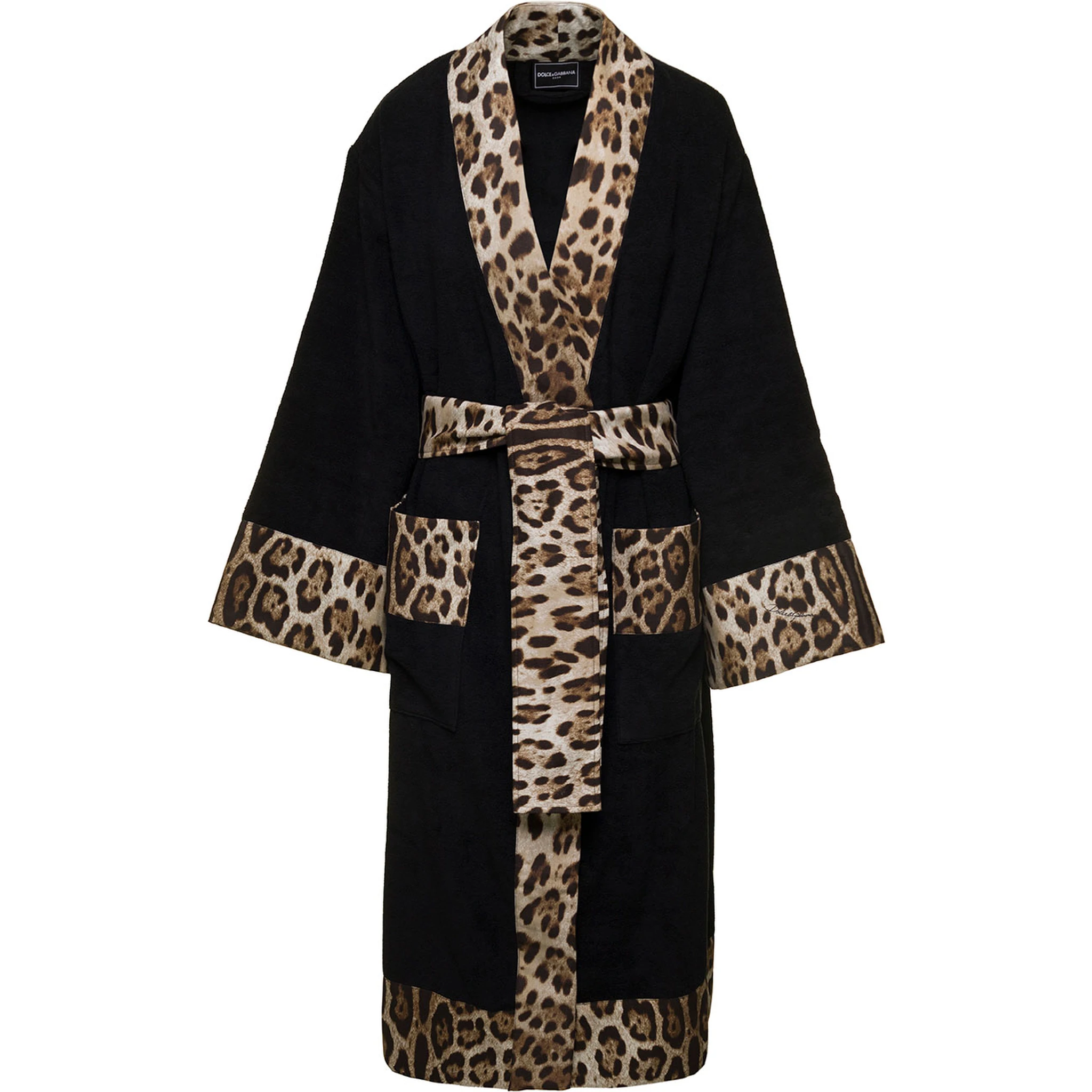 Black Kimono Bathrobe with Leopard Trim in Cotton Dolce & Gabbana