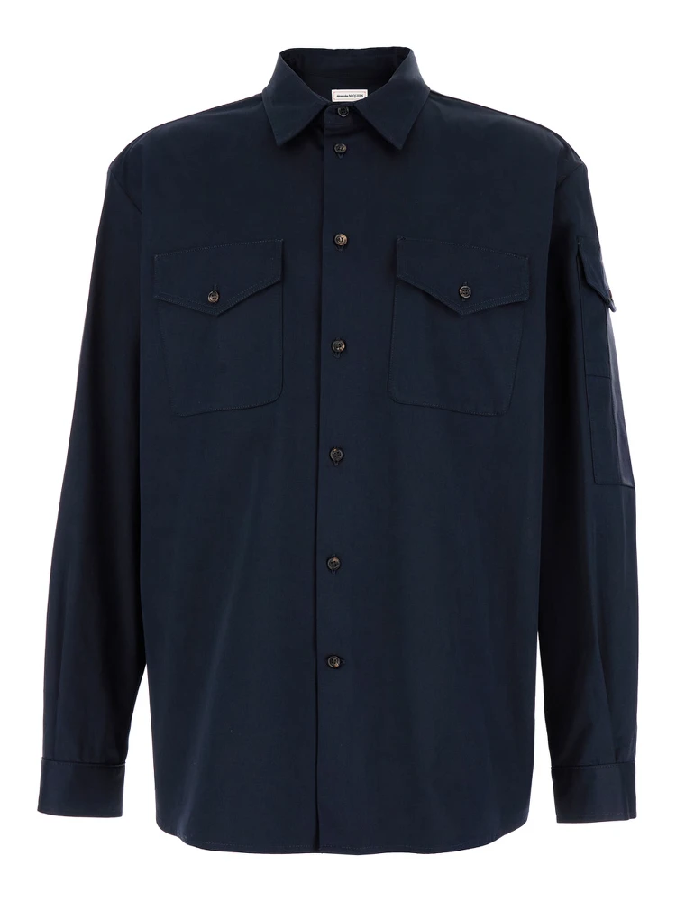 Blue Shirt with Pointed Collar in Cotton Man