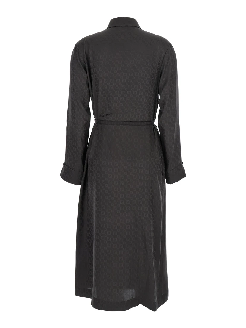 Brown Dress with All-Over FF Motif and Belt with Plaque at the Waist in Silk Woman