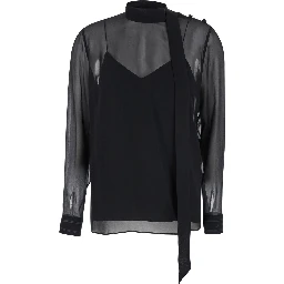 Black Blouse with High Pussy Bow Neck in Silk Georgette Woman