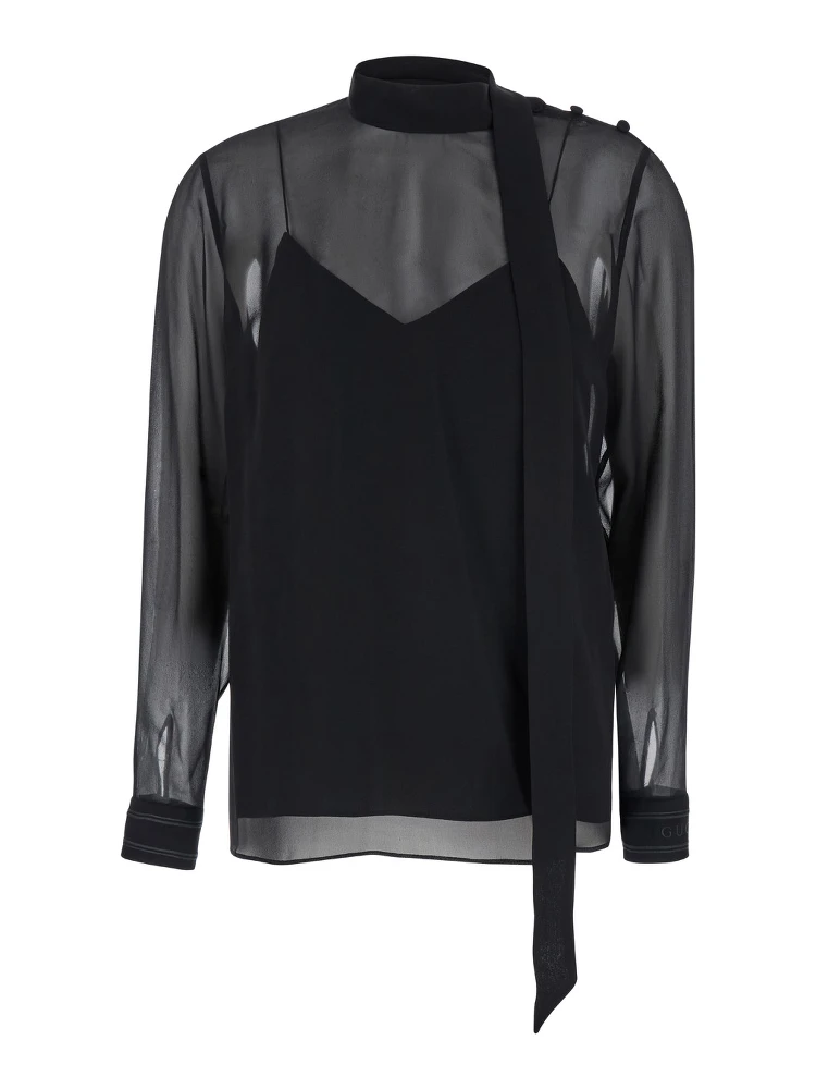 Black Blouse with High Pussy Bow Neck in Silk Georgette Woman