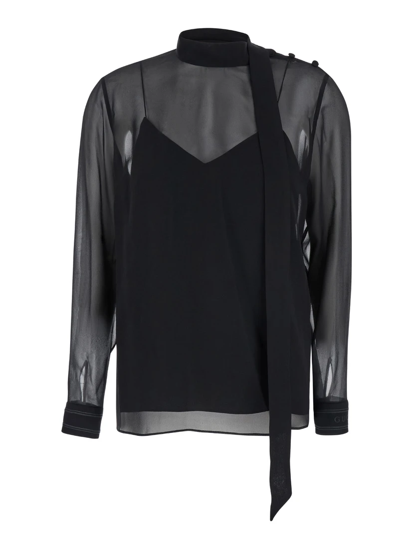 Black Blouse with High Pussy Bow Neck in Silk Georgette Woman