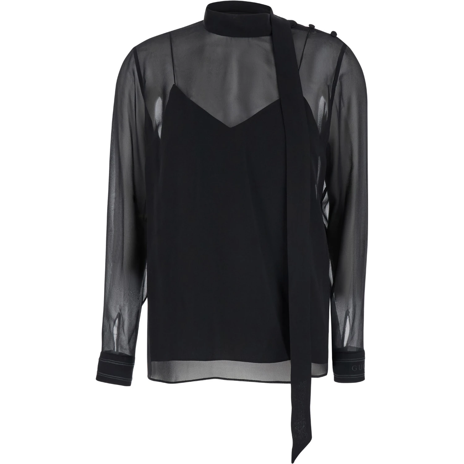 Black Blouse with High Pussy Bow Neck in Silk Georgette Woman