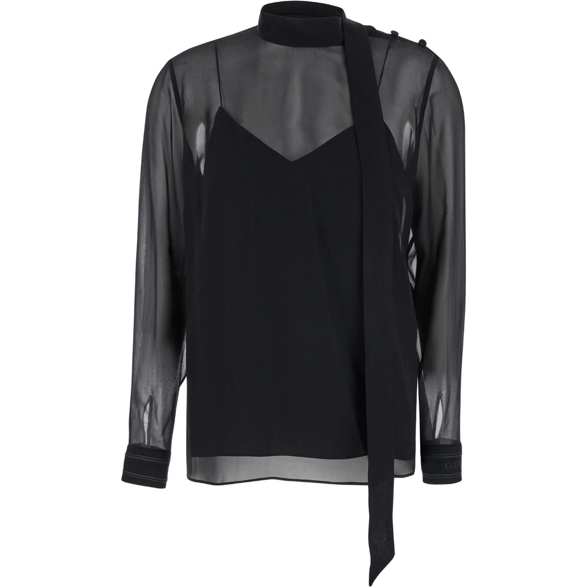 Black Blouse with High Pussy Bow Neck in Silk Georgette Woman