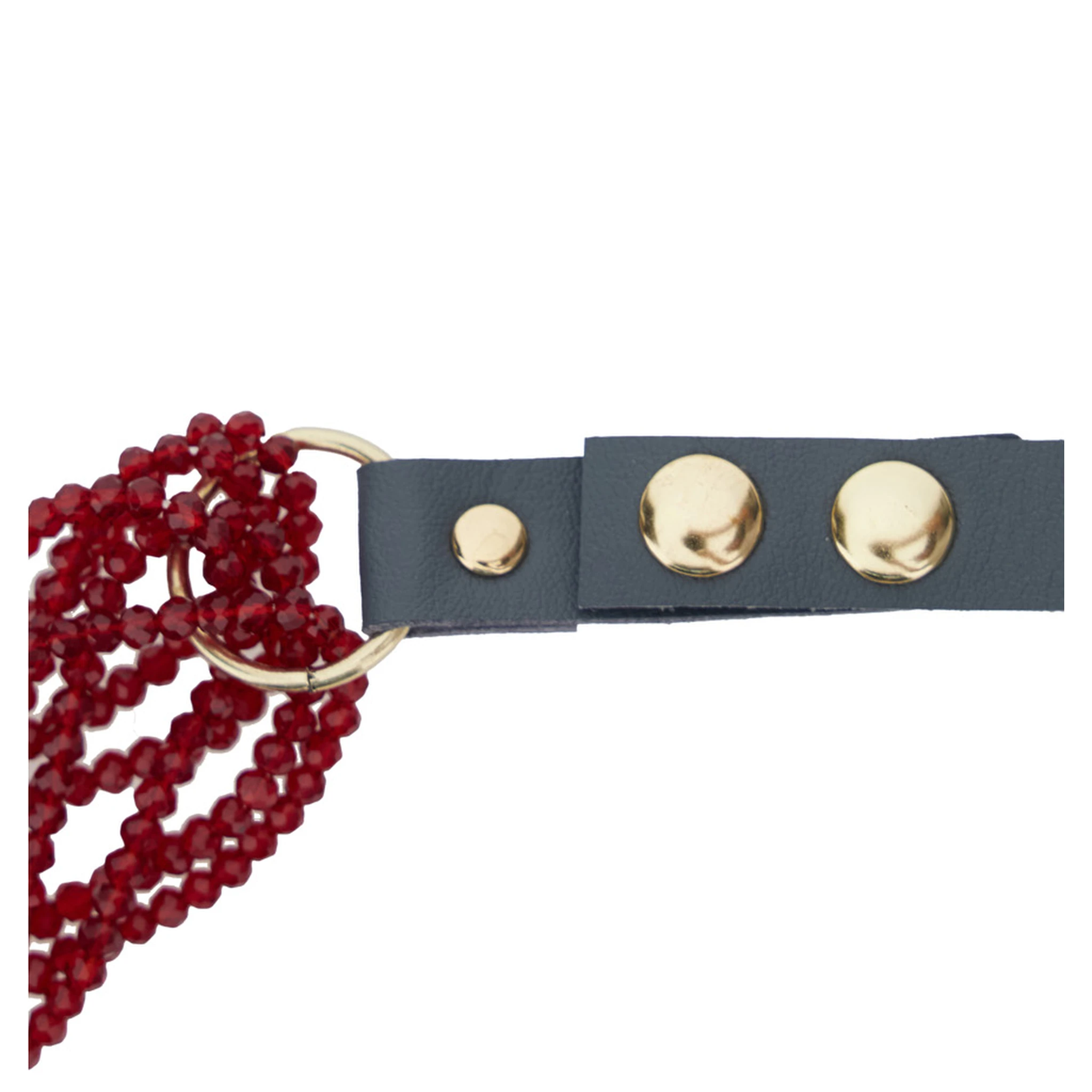 Metallic Necklace with Beaded Design and Strap in Fabric and Beads Woman