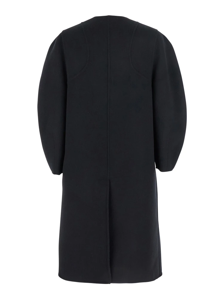 Black Crewneck Coat with Puffed Sleeves and Two Front Shearling Pockets in Wool Blend Woman alternative